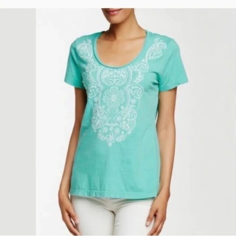 Soft Surroundings Aqua Blue White Embroidered Tee Medium NEW